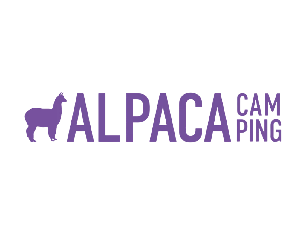 Lila Logo mit stilisiertem Alpaka und Schriftzug „ALPACA CAMPING“.