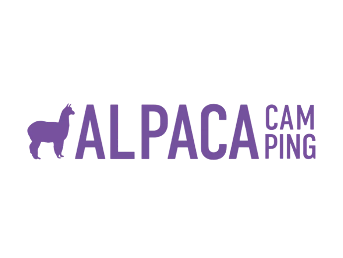 Lila Logo mit stilisiertem Alpaka und Schriftzug „ALPACA CAMPING“.