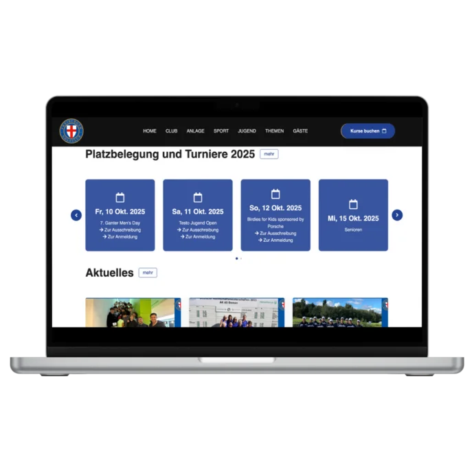 Website eines Clubs auf Laptop-Bildschirm, zeigt Kalender-Events und aktuelle Nachrichten.