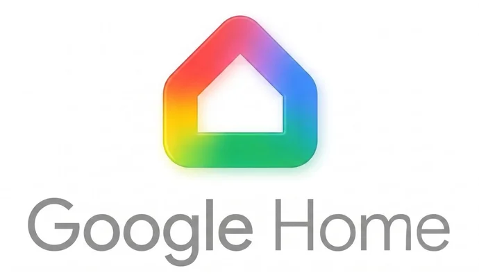Google Home-Logo mit einem stilisierten Haus in Regenbogenfarben, darunter der Schriftzug "Google Home".