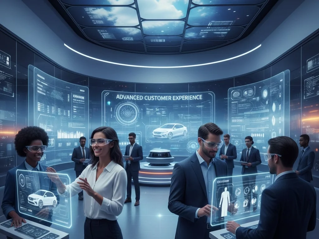 1. **Bild einer modernen IT-Agentur mit holografischen Bildschirmen und AR-Technologie**

   Dieses Bild zeigt eine hochmoderne IT-Agentur, in der Fachleute mit fortschrittlicher Augmented Reality (AR) und holografischen Bildschirmen arbeiten. Die futuris
