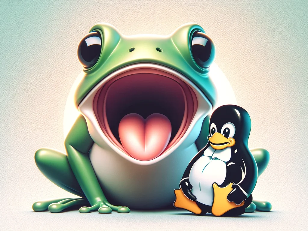Karikatur eines großen Froschs mit weit geöffnetem Mund neben einem lachenden Pinguin, stilisierter Hintergrund.