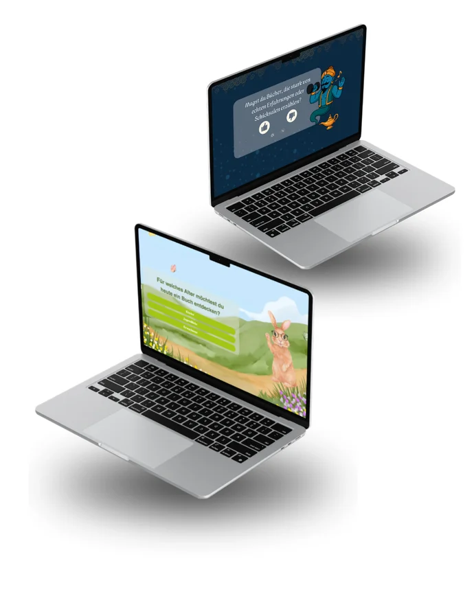 Zwei geöffnete Laptops zeigen verschiedene Bildschirme, einer mit einem tierischen Thema, der andere mit einem digitalen Pädagogen.