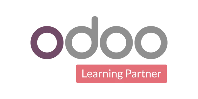 Odoo-Logo mit Untertitel "Learning Partner" in rosafarbenem Block.
