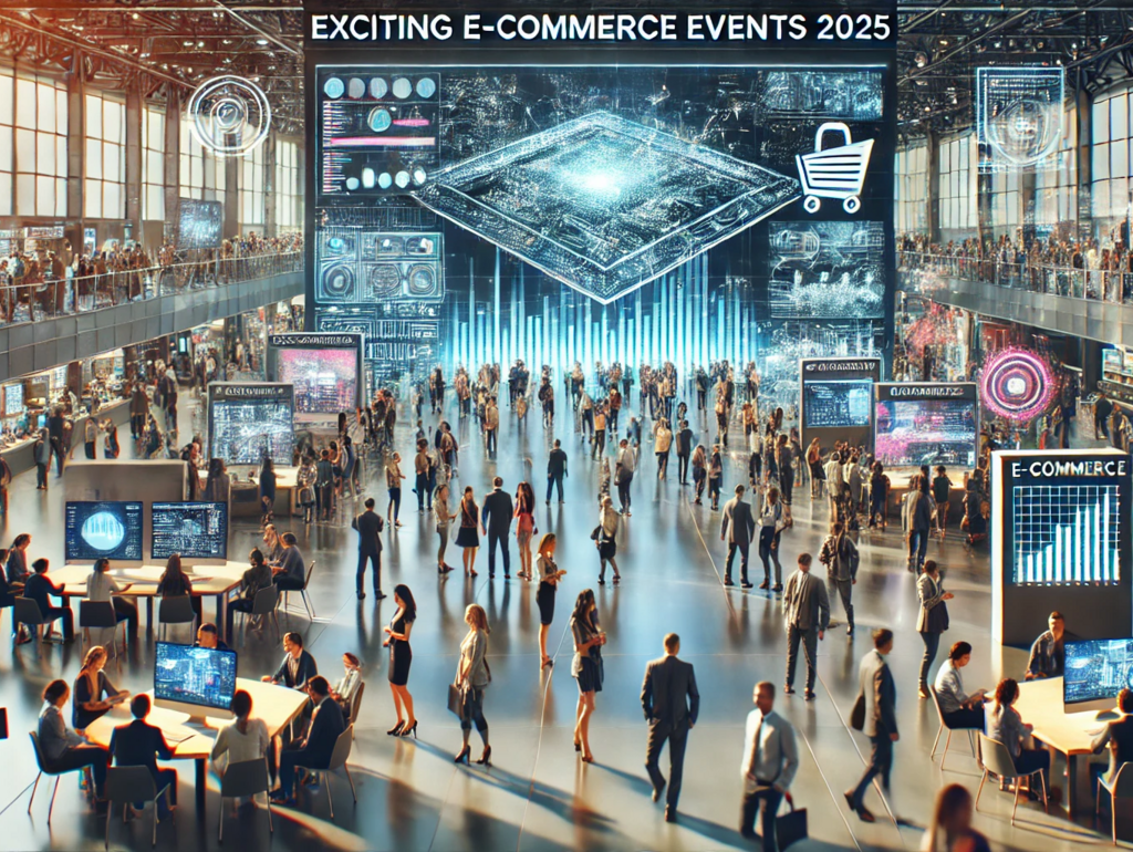 Große Messehalle mit technologischem Schwerpunkt auf E-Commerce, zahlreiche Besucher und digitale Präsentationen.