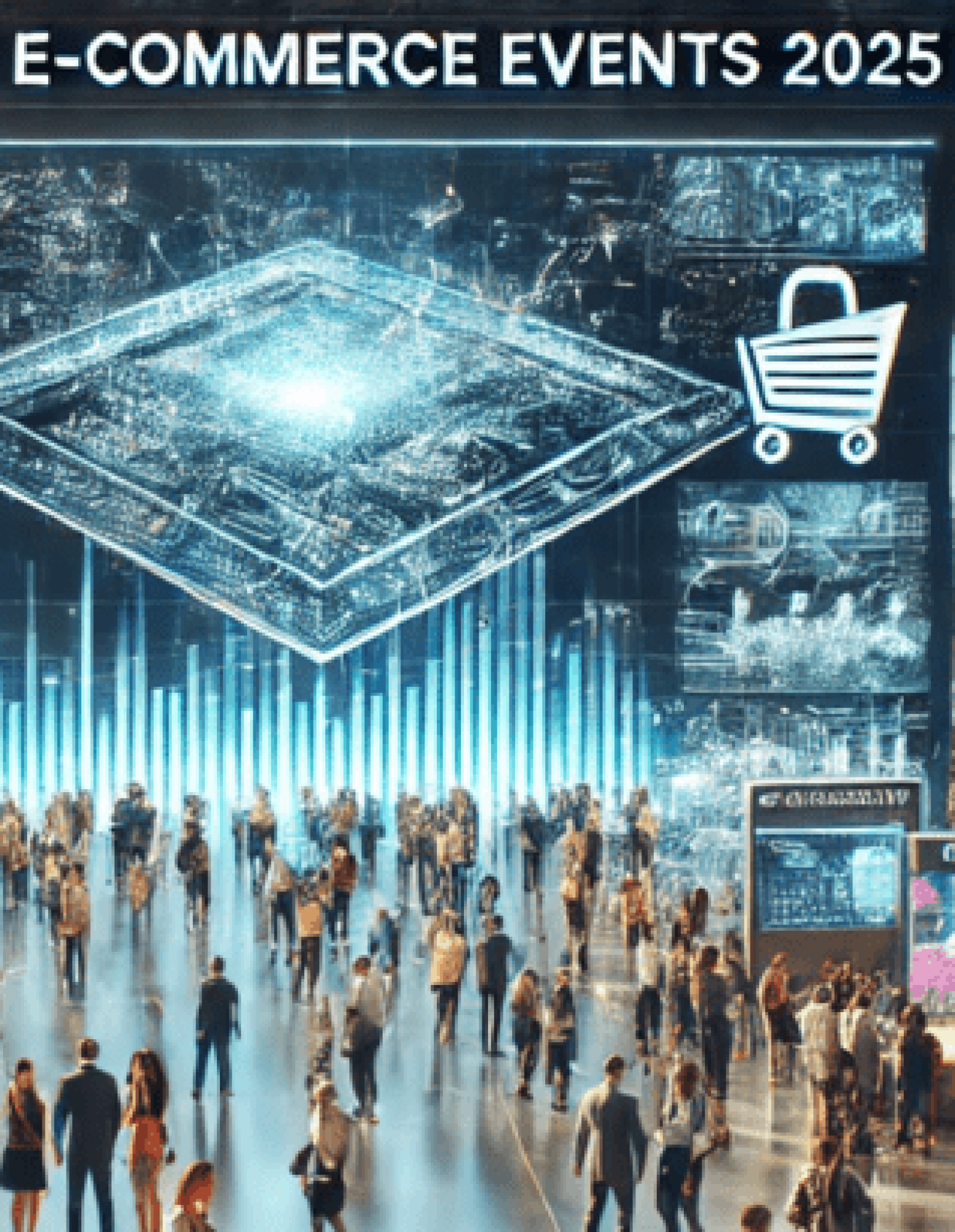 Große Messehalle mit technologischem Schwerpunkt auf E-Commerce, zahlreiche Besucher und digitale Präsentationen.