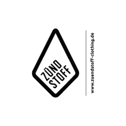 Logo von "Zündstoff" in Rautenform mit vertikalem Text und Webadresse www.zuendstoff-clothing.de.