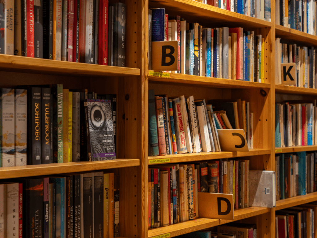 Bücherregale in einer Bibliothek, alphabetisch geordnet mit Beschilderung.