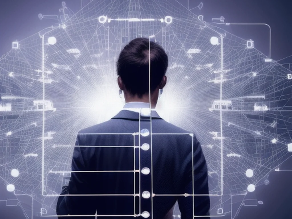 Titel: Innovativer IT-Spezialist mit digitalem Netzwerk

Beschreibung: Ein IT-Experte betrachtet ein komplexes digitales Netzwerk. Die Darstellung veranschaulicht die Vernetzung und moderne Technologie im IT-Sektor, ideal für eine IT-Agentur, die speziali