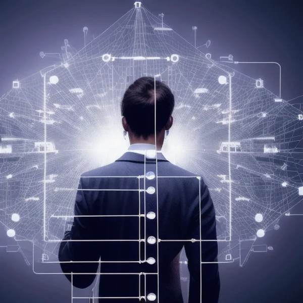 Titel: Innovativer IT-Spezialist mit digitalem Netzwerk

Beschreibung: Ein IT-Experte betrachtet ein komplexes digitales Netzwerk. Die Darstellung veranschaulicht die Vernetzung und moderne Technologie im IT-Sektor, ideal für eine IT-Agentur, die speziali