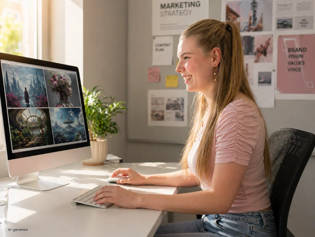 Eine Frau am Computer mit Bildbearbeitungssoftware, im Büro mit Marketing-Strategie-Board im Hintergrund.