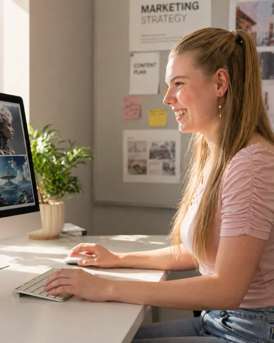 Eine Frau am Computer mit Bildbearbeitungssoftware, im Büro mit Marketing-Strategie-Board im Hintergrund.