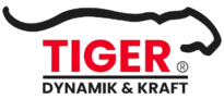Logo mit stilisiertem Tigerkopf, rotem Schriftzug "TIGER" und schwarzem Text "DYNAMIK & KRAFT".