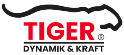 Logo mit stilisiertem Tigerkopf, rotem Schriftzug "TIGER" und schwarzem Text "DYNAMIK & KRAFT".