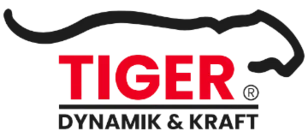 Logo mit stilisiertem Tigerkopf, rotem Schriftzug "TIGER" und schwarzem Text "DYNAMIK & KRAFT".