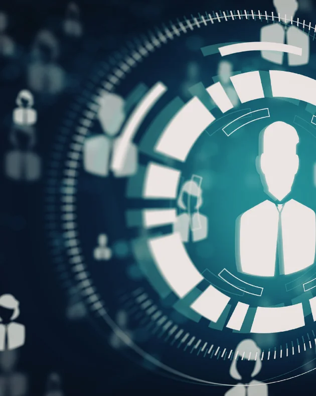 Abstrakte Darstellung eines digitalen Netzwerks mit stilisierten Personensymbolen und technologischen Elementen.
