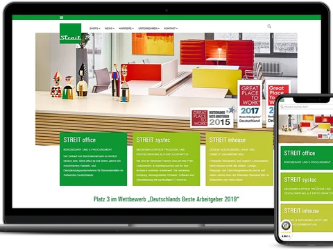 1. **Moderne IT-Agentur Website auf Laptop und Smartphone**  
   Eine moderne IT-Agentur präsentiert ihre benutzerfreundliche Website sowohl auf einem Laptop als auch auf einem Smartphone. Die Seite zeigt technologische Fachkompetenz und Mobilgeräte-Kompa