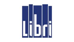 Logo mit blauem Hintergrund und weißem Text: "Libri", stilisiert als Bücher oder Regal.