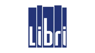 Logo mit blauem Hintergrund und weißem Text: "Libri", stilisiert als Bücher oder Regal.