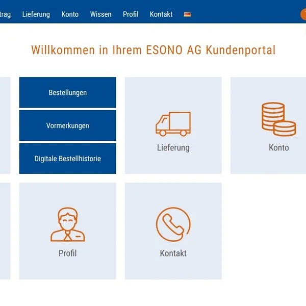 Kundenportal-Startseite mit Optionen: Bestellungen, Konto, Wissen, Profil, Kontakt und Lieferinformationen.