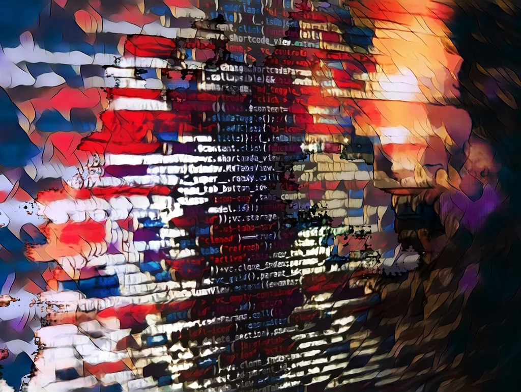 Abstrakte Darstellung von Codezeilen, überlagert mit farbenfrohen verschwommenen Mustern.
