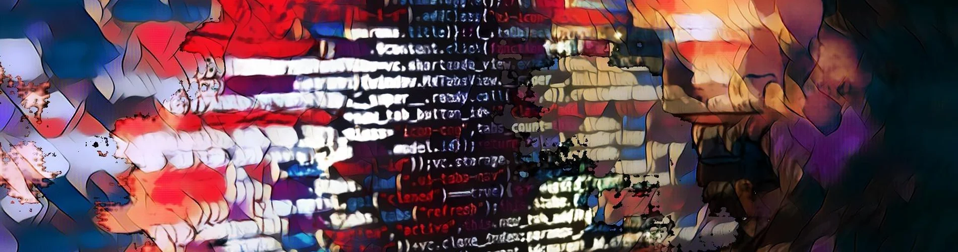 Abstrakte Darstellung von Codezeilen, überlagert mit farbenfrohen verschwommenen Mustern.