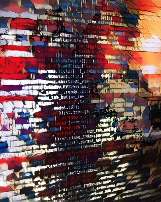Abstrakte Darstellung von Codezeilen, überlagert mit farbenfrohen verschwommenen Mustern.