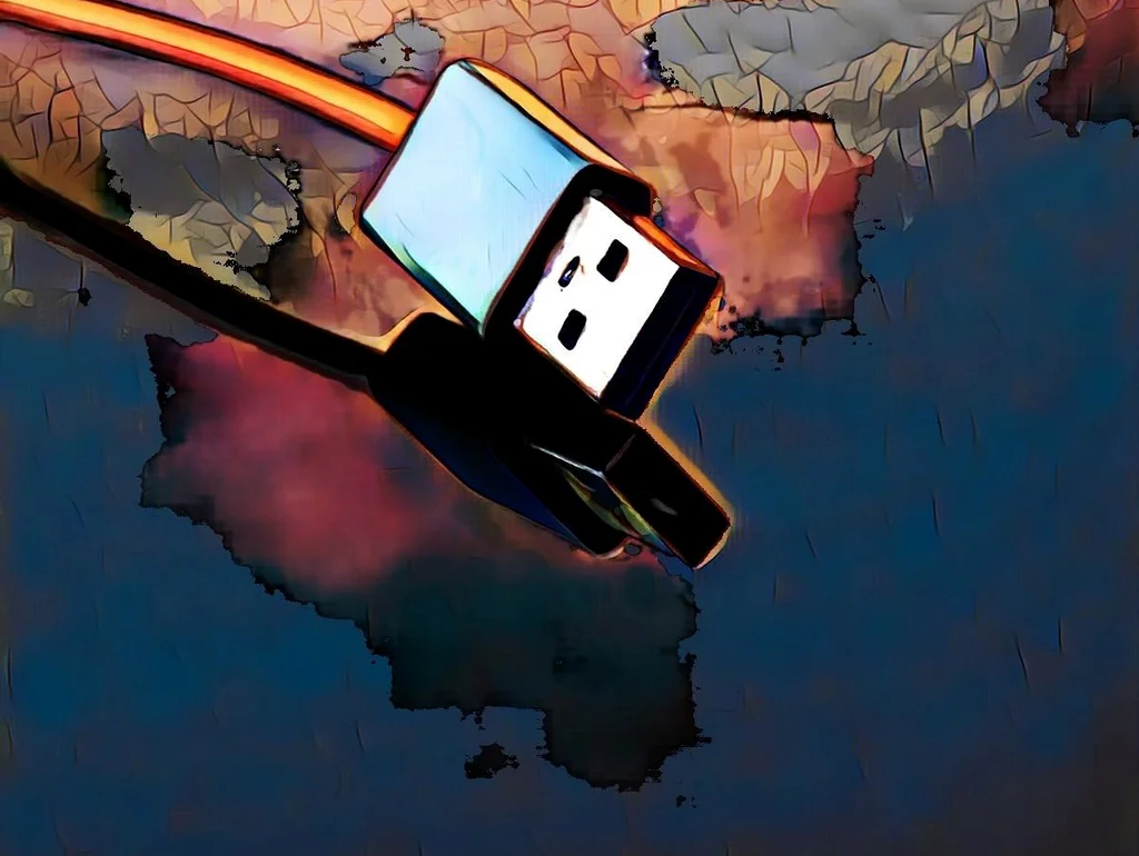 Illustration eines USB-Kabels auf abstraktem, farbenfrohem Hintergrund.