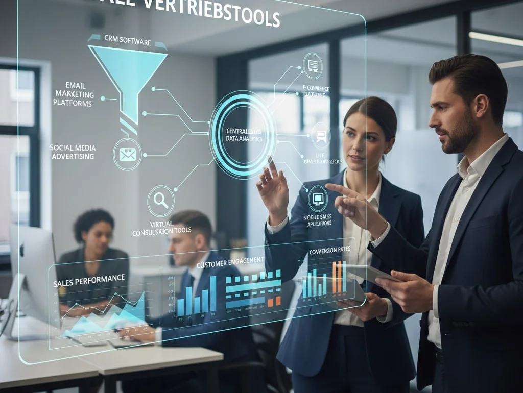 Personen vor holografischem Display mit digitalen Vertriebstools und Datenvisualisierungen im Büro.