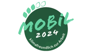 Logo mit grünem Kreis, darin "Mobil 2024". Darunter "klimafreundlich zur Arbeit" und Blattgrafik oben.