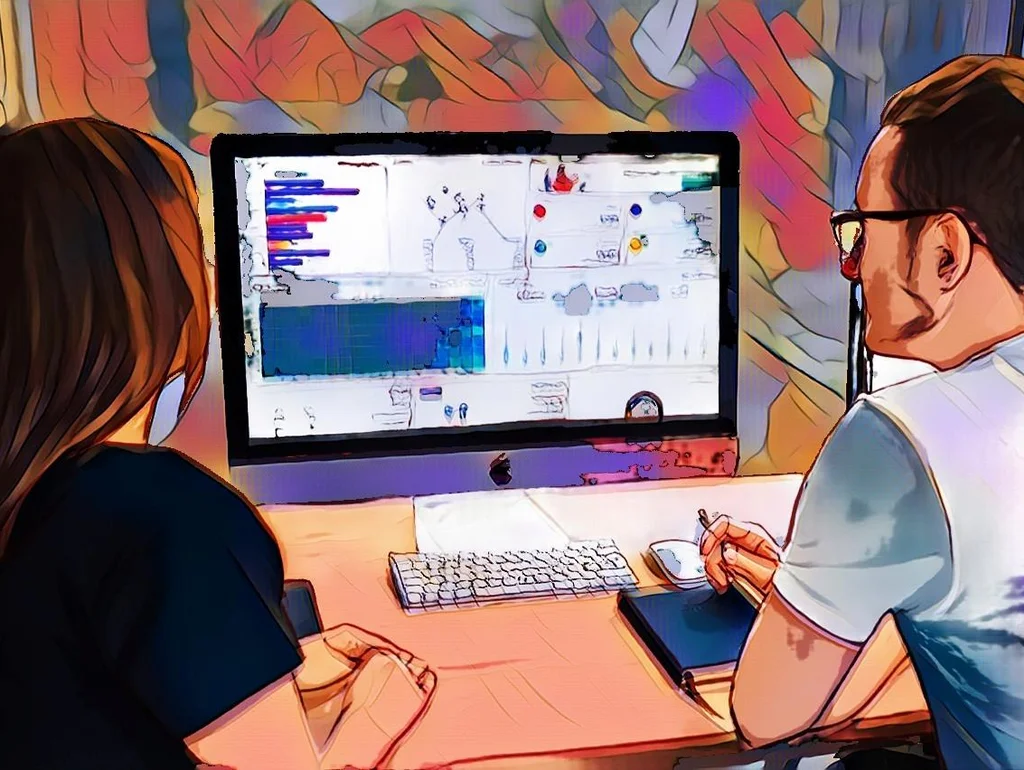 Personen analysieren Daten auf einem Computerbildschirm in einem Büro, dargestellt im künstlerischen Zeichenstil.