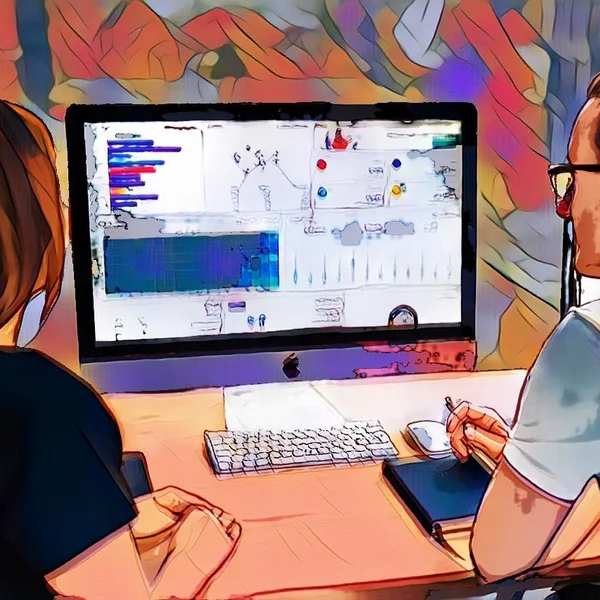 Personen analysieren Daten auf einem Computerbildschirm in einem Büro, dargestellt im künstlerischen Zeichenstil.