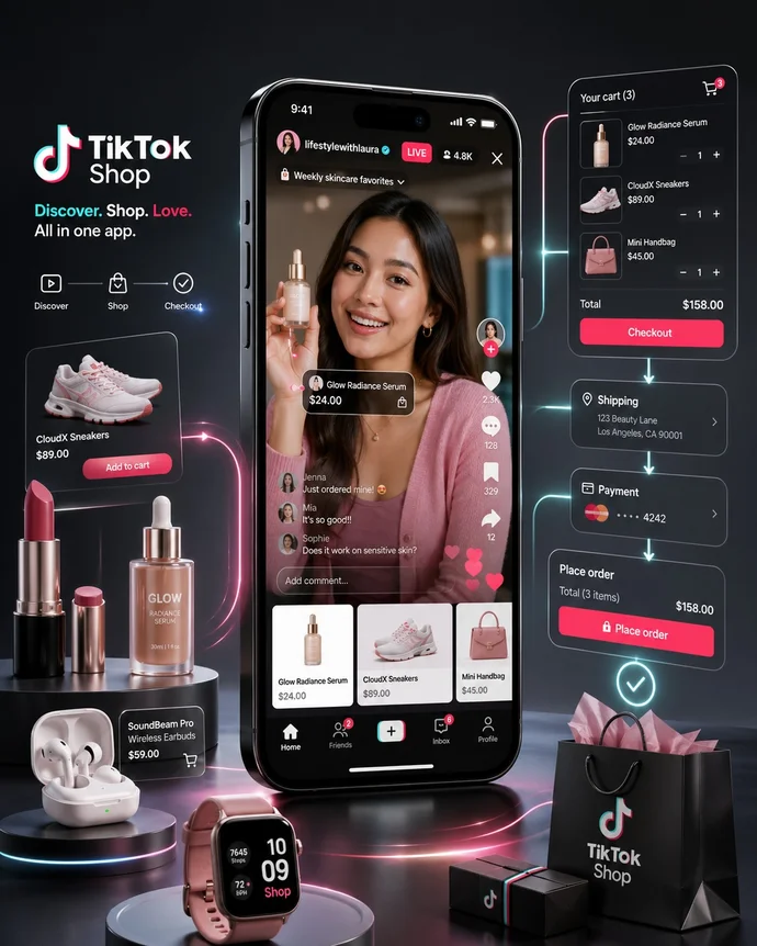 TikTok Shop-Werbung: Frau präsentiert Kosmetik in Livestream, daneben Einkaufsdetails und Produkte wie Schuhe und Kopfhörer.