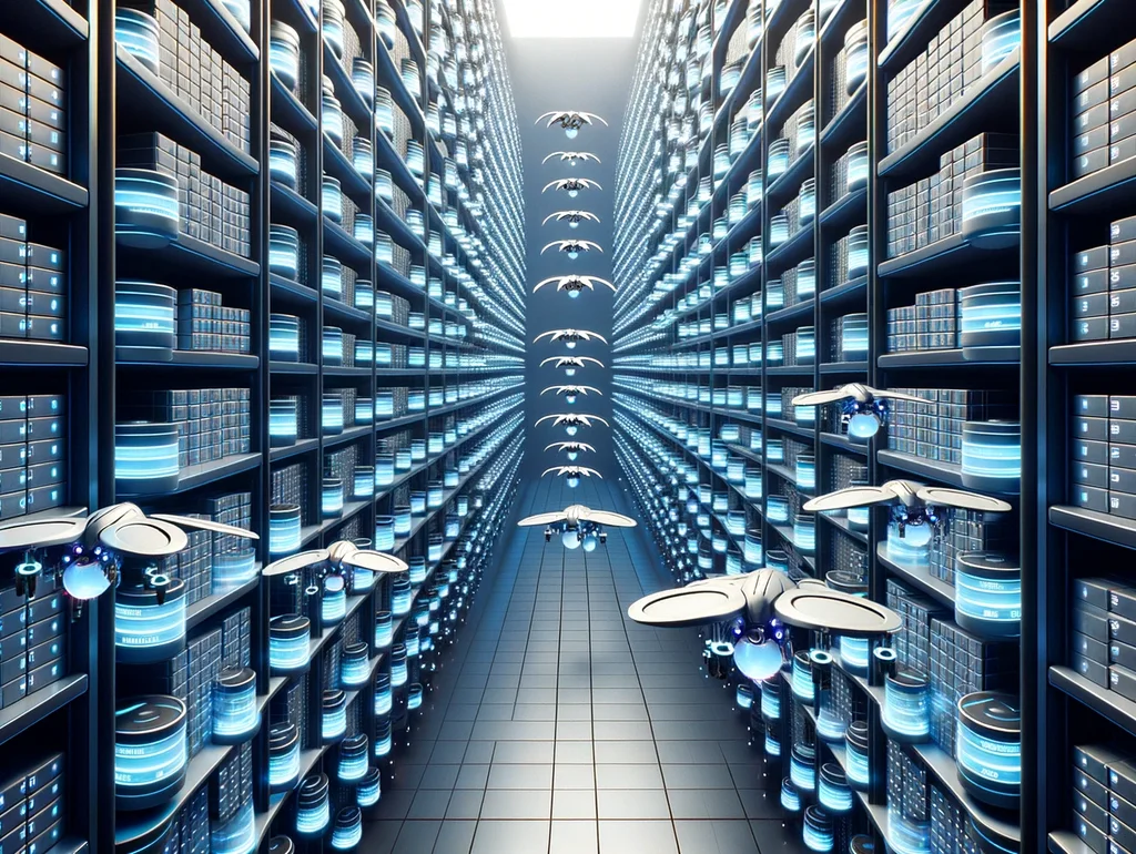 Illustration of a futuristic digital library with endless rows of data shelves. Each shelf holds glowing data orbs, symbolizing Symfony 6 Repositories