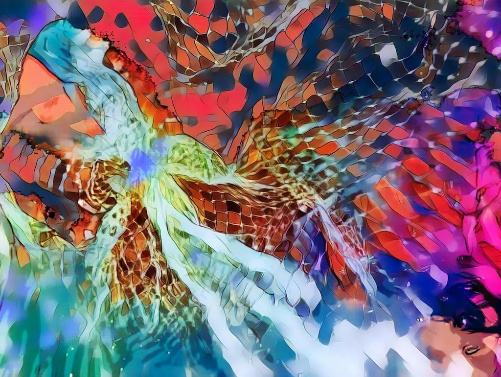 Abstraktes Kunstwerk mit komplexen Mustern, leuchtenden Farben und kontrastreichen Strukturen in Rot, Blau und Grün.