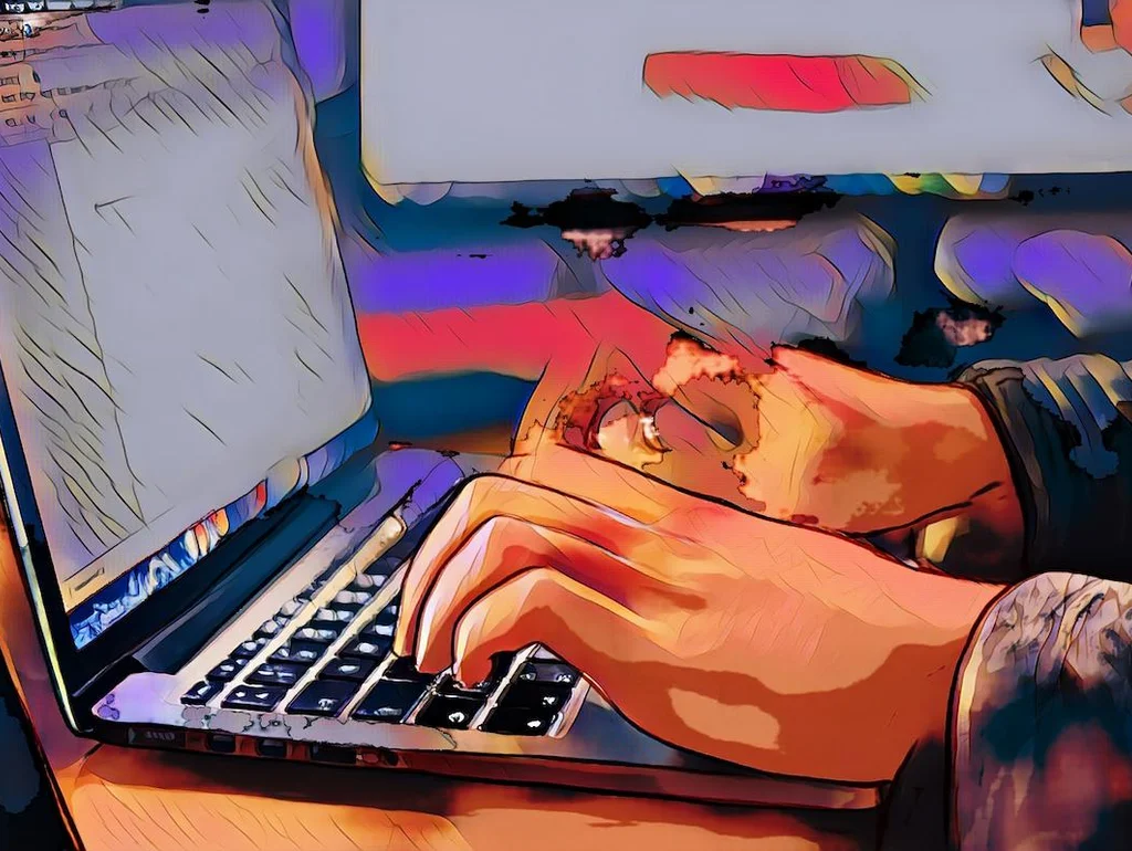 Digitale Illustration: Person tippt an einem Laptop auf einem Tisch.
