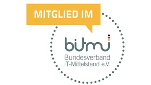 Logo des Bundesverbands IT-Mittelstand e.V. mit dem Schriftzug "MITGLIED IM" in einer Sprechblase links oben.