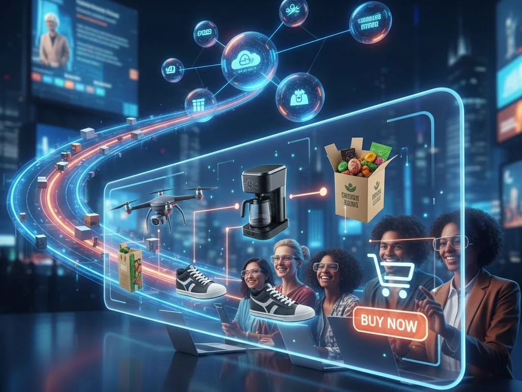 Personen interagieren mit futuristischer, virtueller Einkaufsplattform. Technologie-Symbole und Produkte digital projiziert.