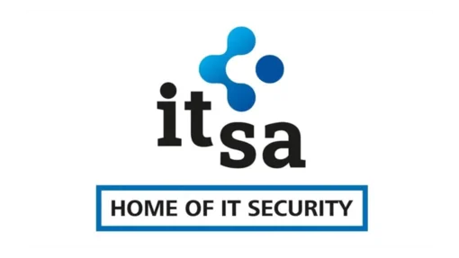 Logo der it-sa Konferenz mit blauem Symbol und Text: "HOME OF IT SECURITY".