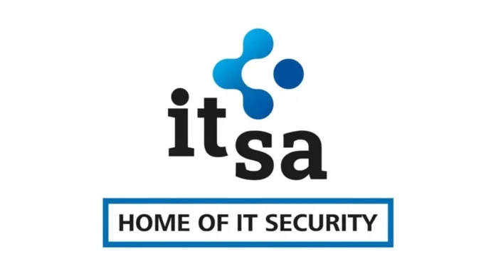 Logo der it-sa Konferenz mit blauem Symbol und Text: "HOME OF IT SECURITY".