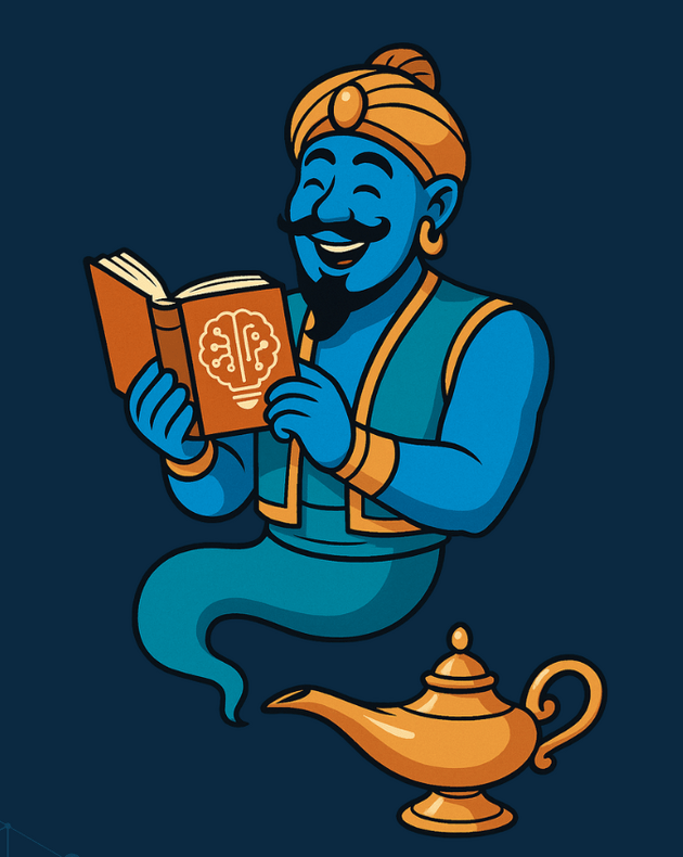 Ein blauer Dschinn liest ein Buch, daneben der Text: "Weniger suchen. Mehr finden. Djinus - Der Buchfinder".