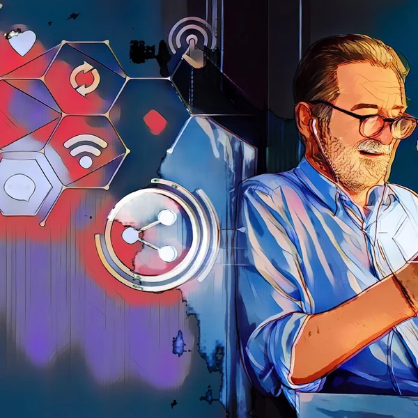 Mann mit Smartphone, umgeben von digitalen Symbolen und abstraktem Hintergrund im technischen Stil.