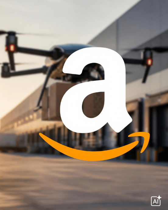 Drohne fliegt vor Lagerhaus bei Sonnenuntergang mit Amazon-Logo im Vordergrund.