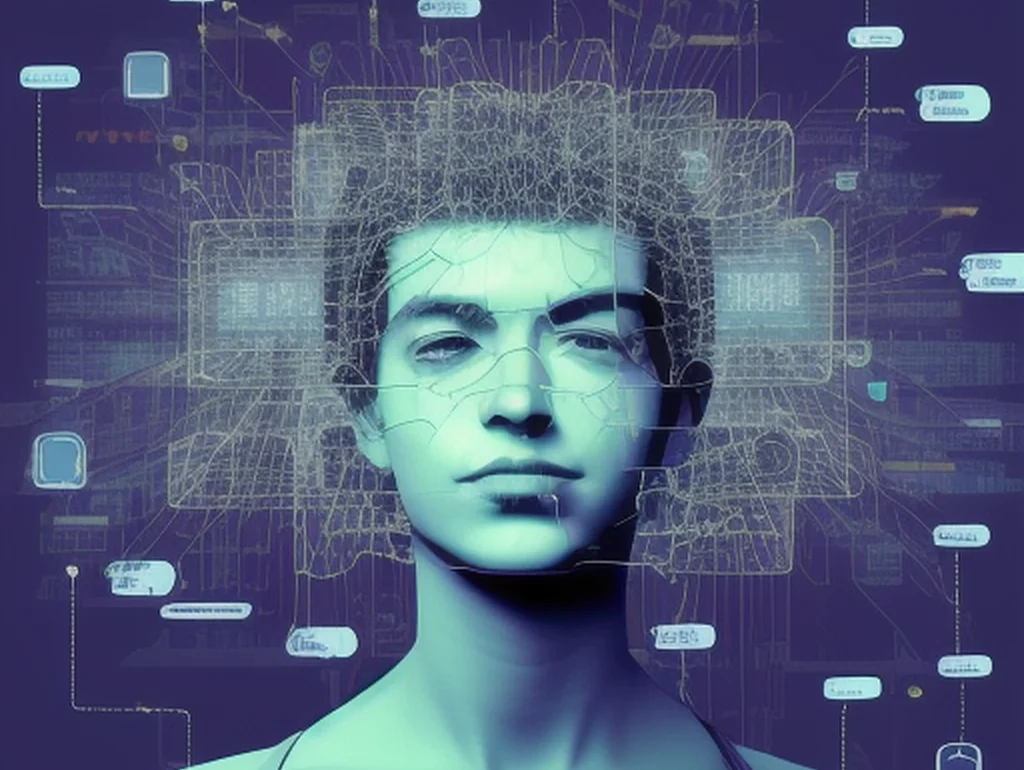 KI-generiertes Bild eines menschlichen Gesichts mit digitaler Vernetzung und Datenstrukturen im Hintergrund.