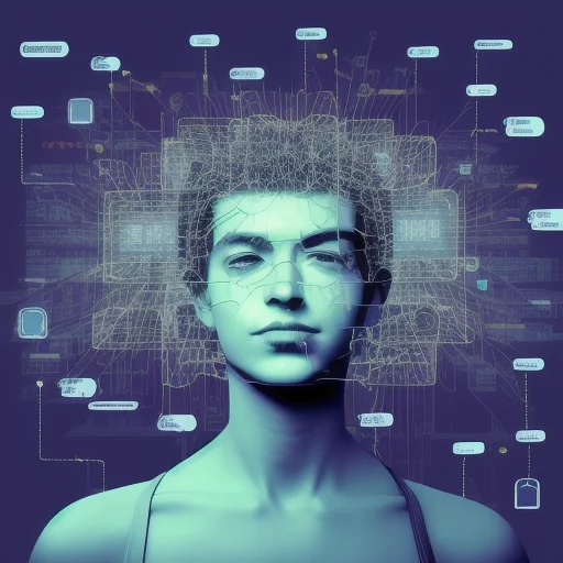 KI-generiertes Bild eines menschlichen Gesichts mit digitaler Vernetzung und Datenstrukturen im Hintergrund.