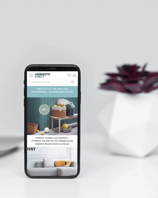 Smartphone vor geometrischen Deko-Objekten, zeigt Website mit Einrichtungsideen. Minimalistisches, modernes Design.
