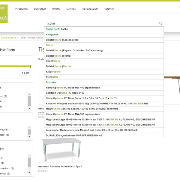 Screenshot einer Website-Suchfunktion, die "Tische" zeigt. Links: Filteroptionen; oben: Eingabefeld mit Vorschlägen.