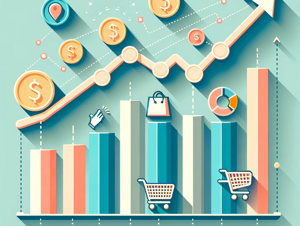 DALL·E 2023-12-04 17.09.36 - A stylized infographic in flat design for E-commerce concepts, featuring a rising trend line passing through five points on an imaginary x-axis, indic