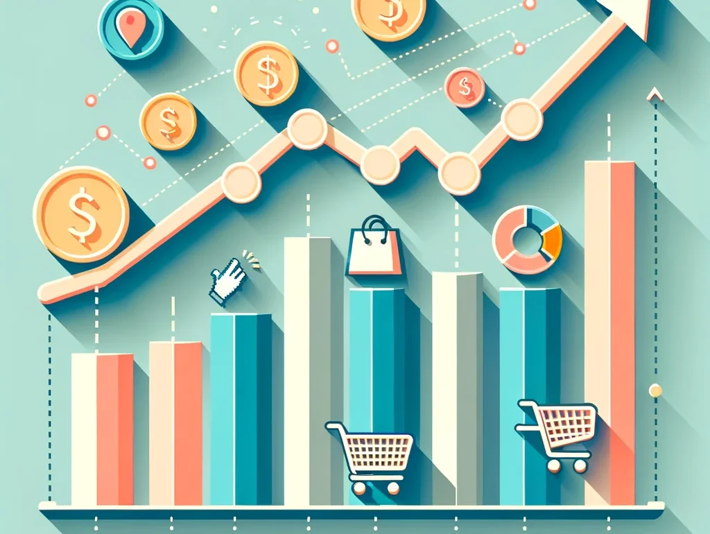 DALL·E 2023-12-04 17.09.36 - A stylized infographic in flat design for E-commerce concepts, featuring a rising trend line passing through five points on an imaginary x-axis, indic