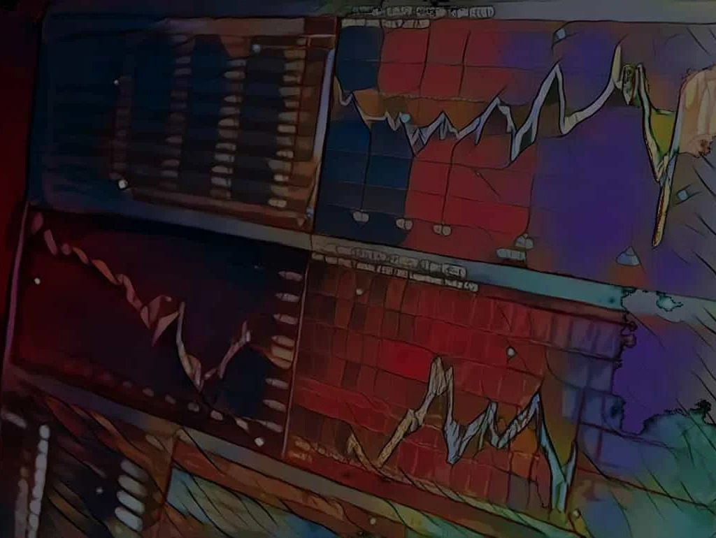 Abstrakte Darstellung von Diagrammen und Linien auf einem Bildschirm, in künstlerischen, bunten Farben gehalten.